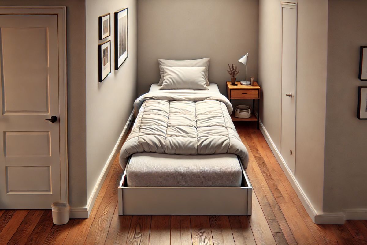 Twin XL bed placed in a tight room illustrating its slim width and longer length