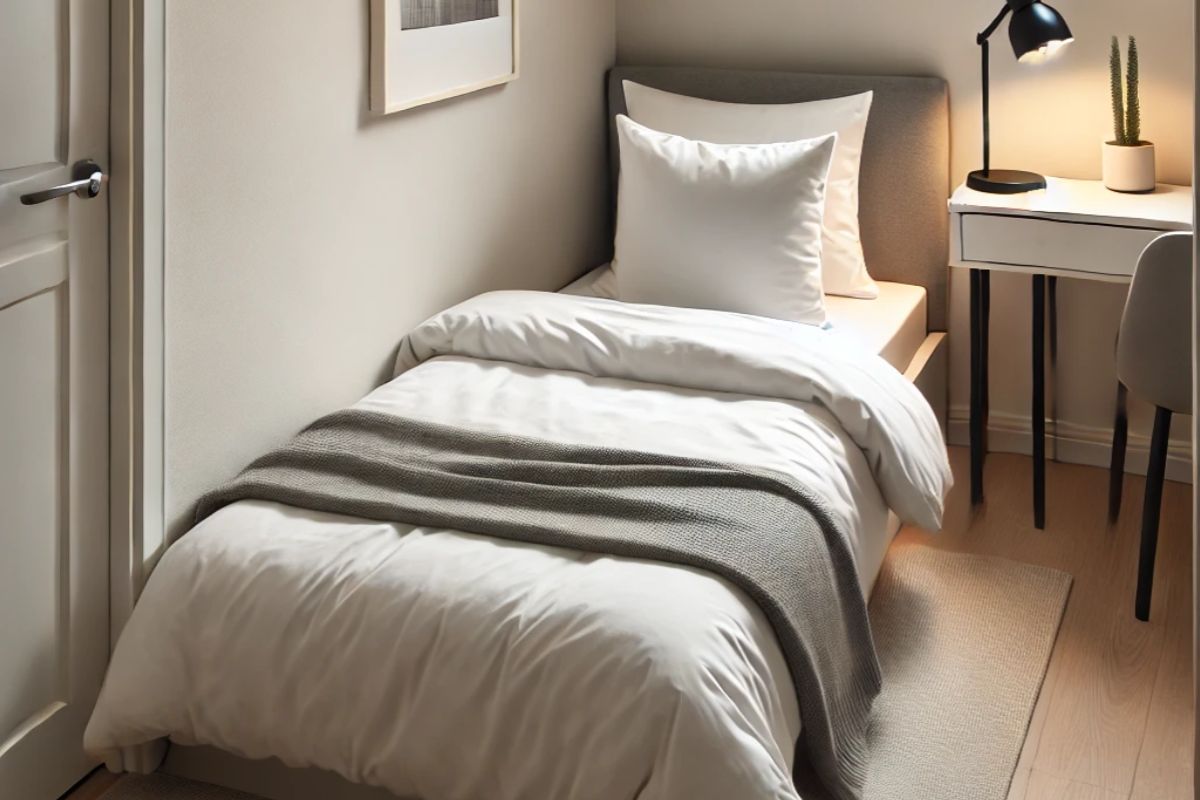 Narrow twin XL bed in a small bedroom showing compact width and space-saving design