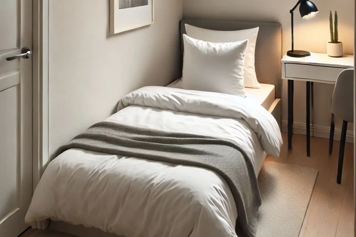 Narrow twin XL bed in a small bedroom showing compact width and space-saving design