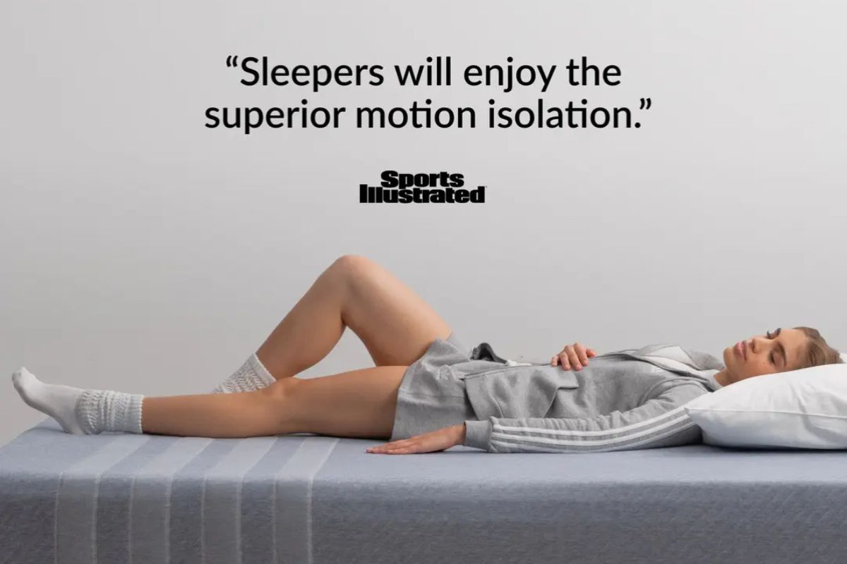 Person lying on Leesa Studio mattress demonstrating motion isolation and safe, stable sleep performance