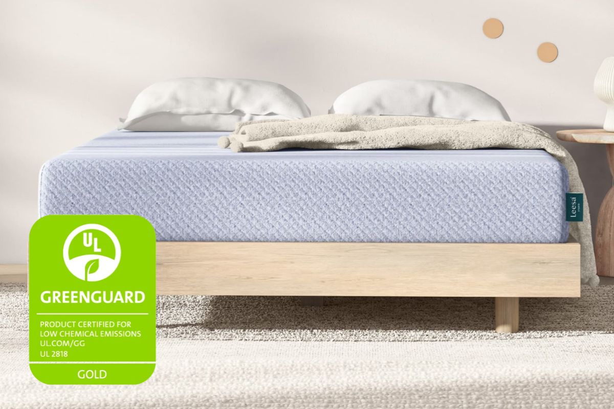 Leesa Studio mattress with GREENGUARD Gold certification highlighting low chemical emissions and safety standards