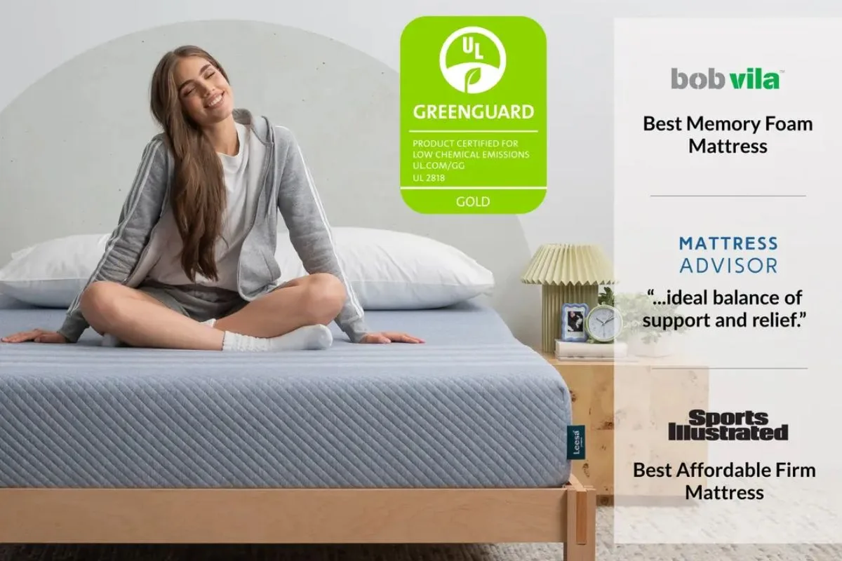 A woman sitting on the Leesa Studio Mattress with a greenguard gold certification, bobvila(best memory foam mattress), Mattress Advisor (ideal balance of support and relief) and Sports illustrated(best affordable firm mattress).