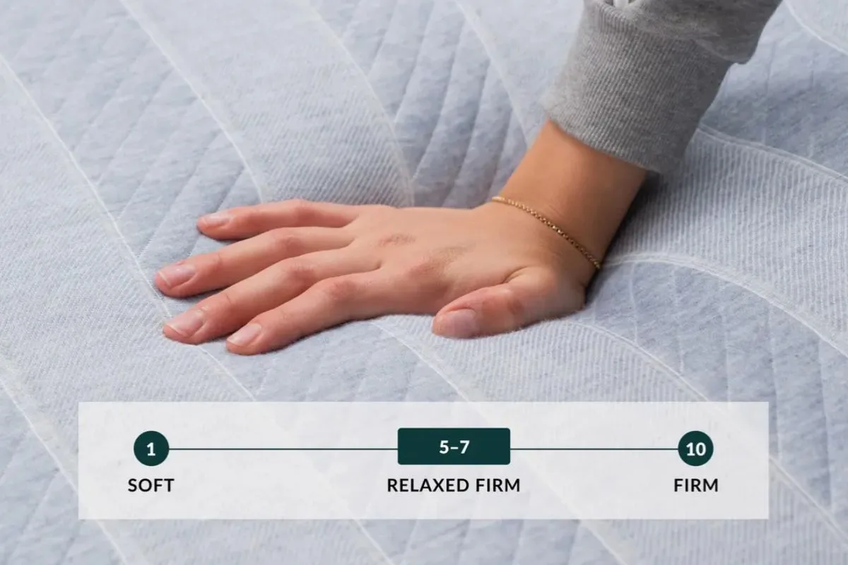 Hand pressing Leesa Studio mattress showing firmness level and support feel feedback