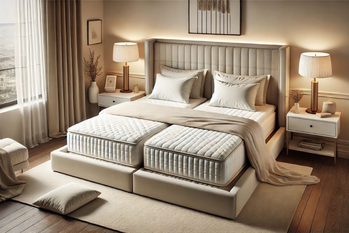 Two Twin Beds Together Make What Size Bed? Two twin mattresses combined on one frame illustrating a king-size bed setup