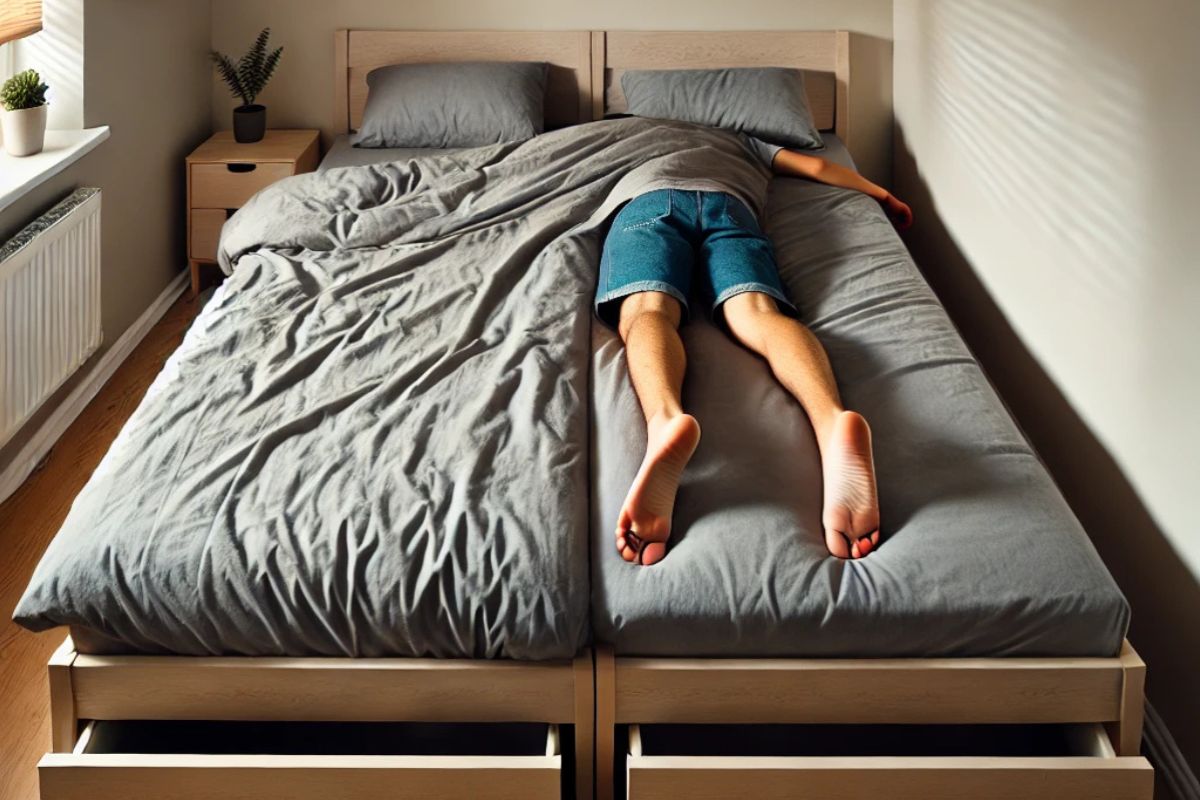 Two Twin Beds Together Make What Size Bed? Person lying across two twin mattresses demonstrating combined width and sleeping space