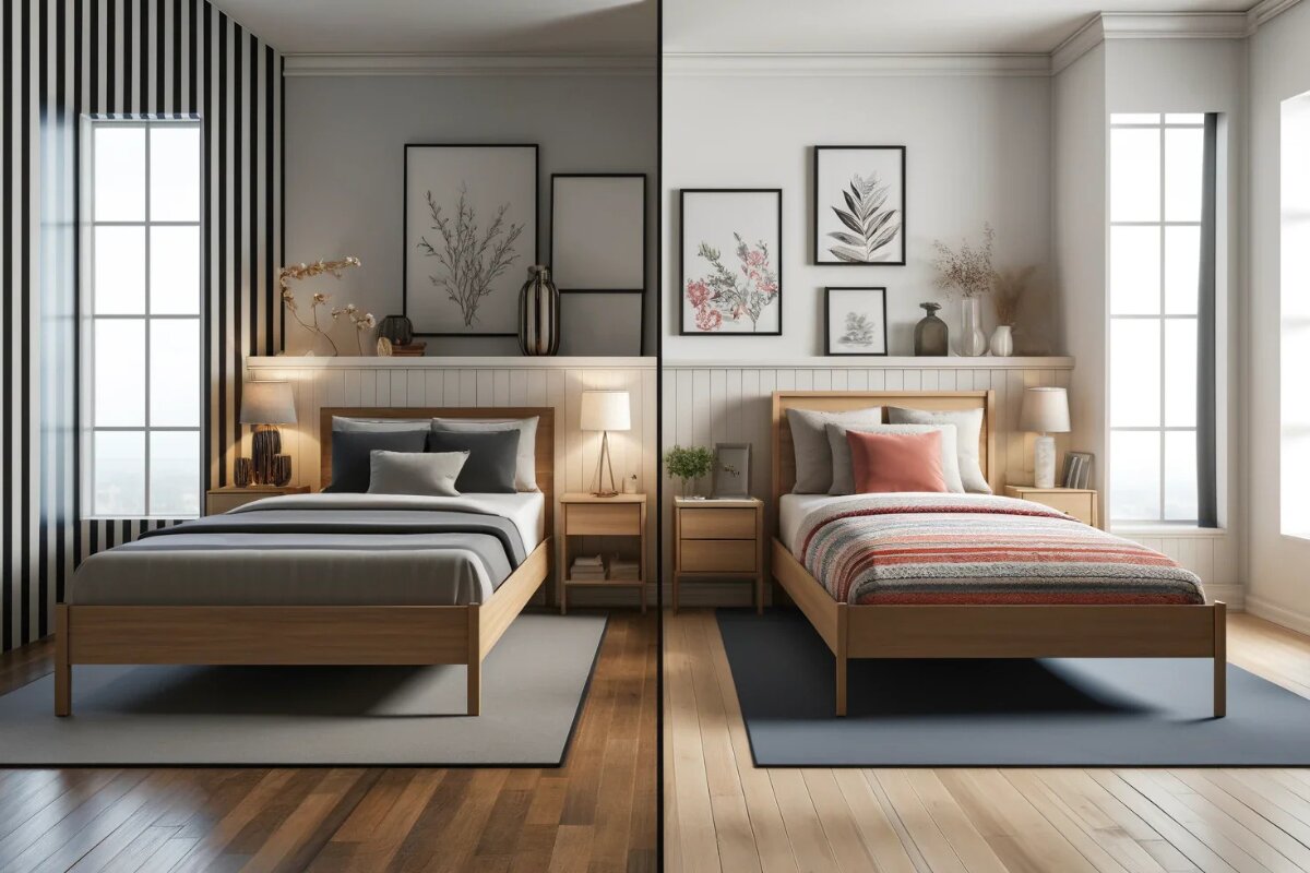 What is a Full Bed? comparison of full bed and twin bed sizes in modern bedroom setup with wooden frames and neutral decor