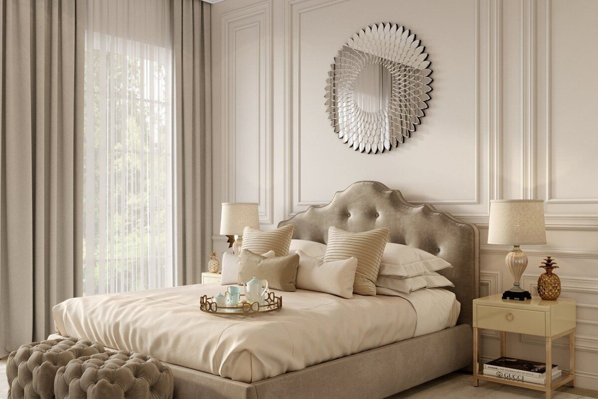 What is a Full Bed? elegant upholstered full bed with tufted headboard in neutral beige bedroom with decorative pillows and modern wall mirror
