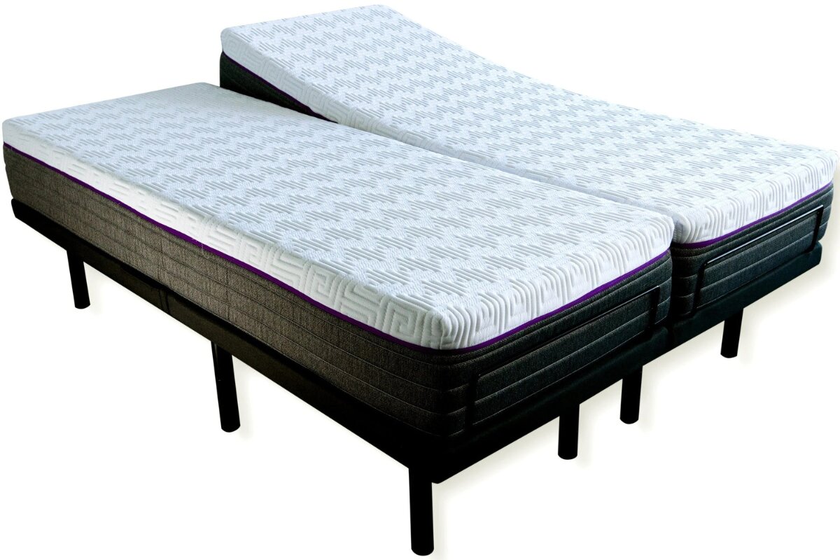 split queen adjustable mattress setup with two independently adjustable mattress bases on black platform frames