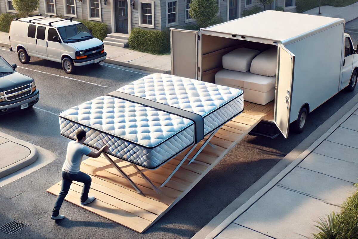 person loading split queen mattress into moving truck using ramp in residential neighborhood street