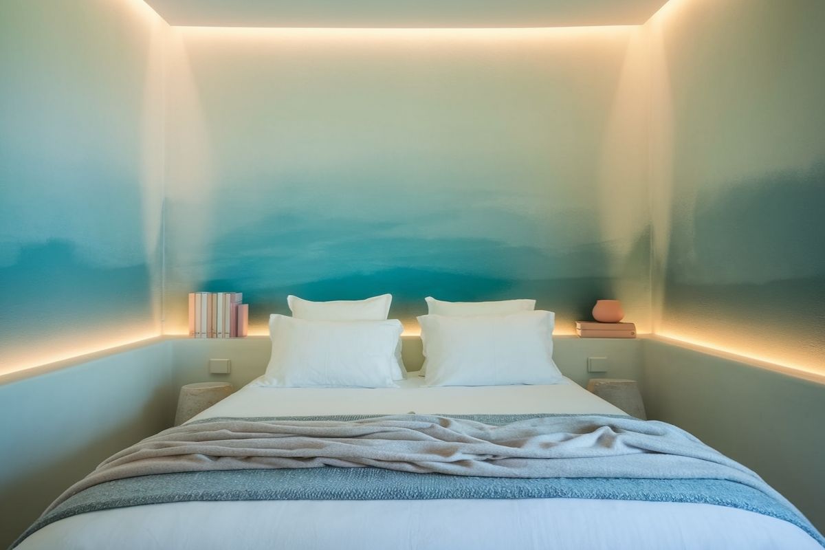 Minimal bedroom with cool blue accent lighting showing calming color choices that may support better sleep quality