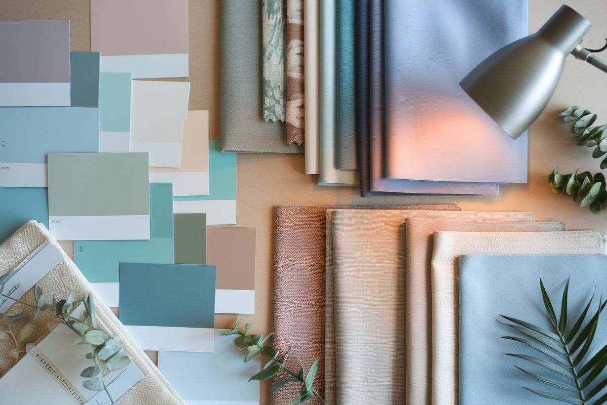 Bedroom color palette samples in muted blue and green tones used to choose relaxing paint colors for sleep spaces