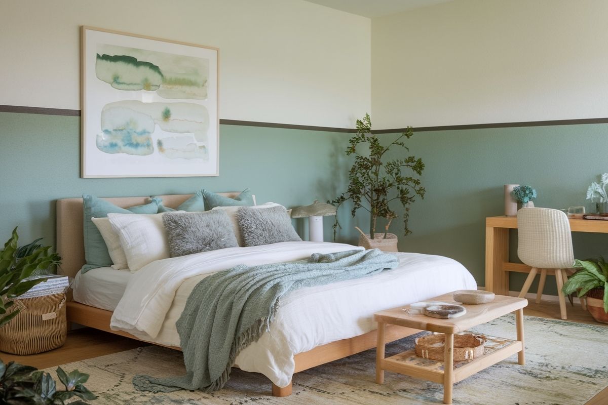 Sage green bedroom decor with soft neutral bedding illustrating calming bedroom colors that promote restful sleep