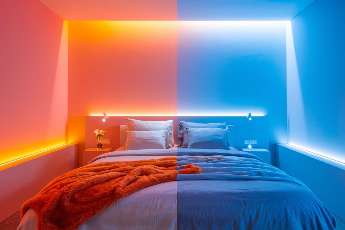Side-by-side comparison of warm red lighting and cool blue lighting in a bedroom showing how color affects sleep environment