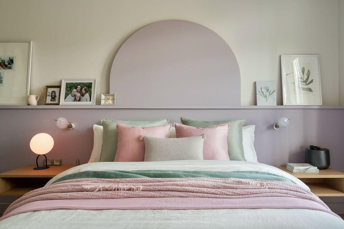 Soft pastel pink and green bedroom design demonstrating gentle bedroom colors that create a peaceful bedtime setting