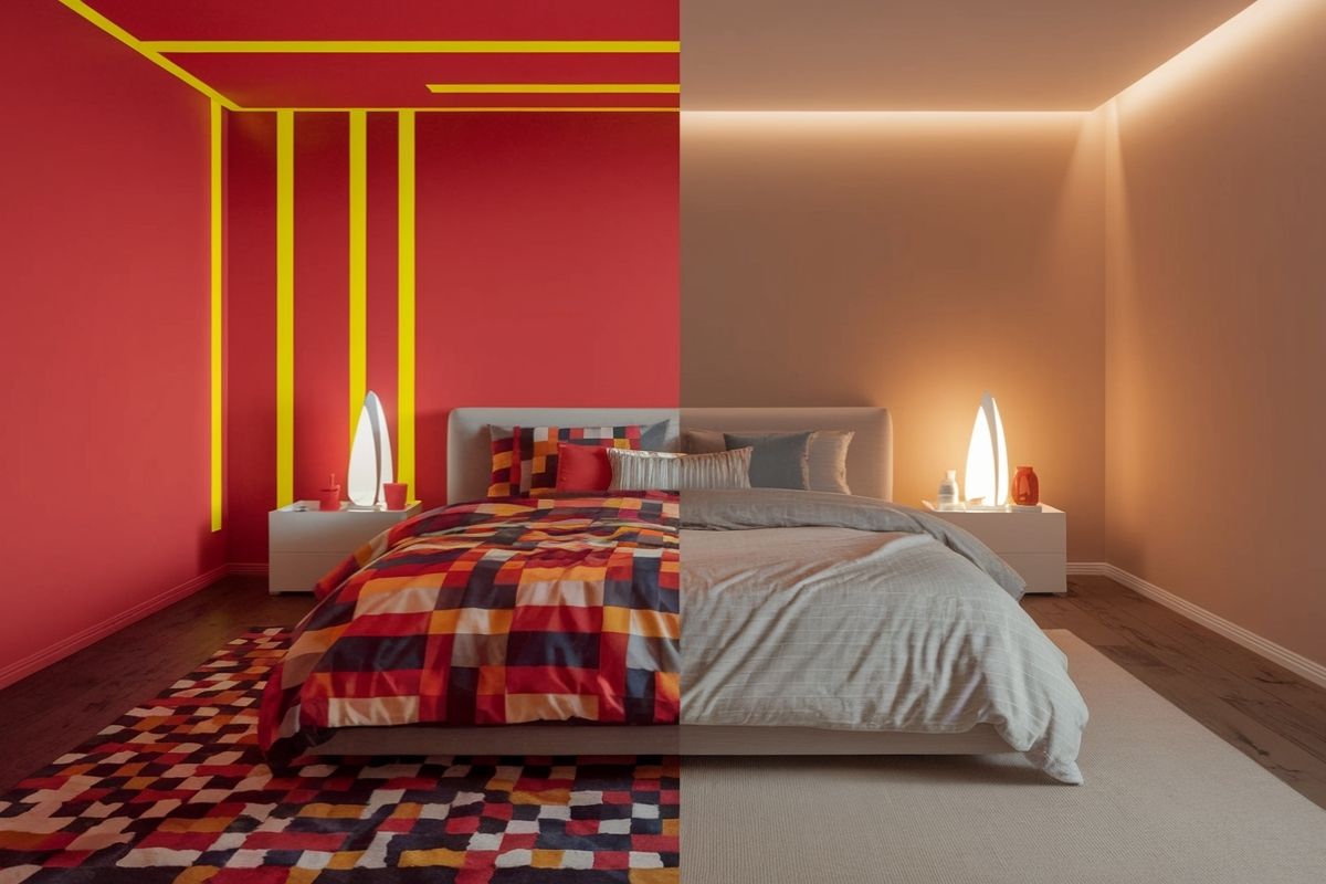 Bedroom split between bold red tones and neutral calming hues comparing stimulating versus relaxing sleep colors