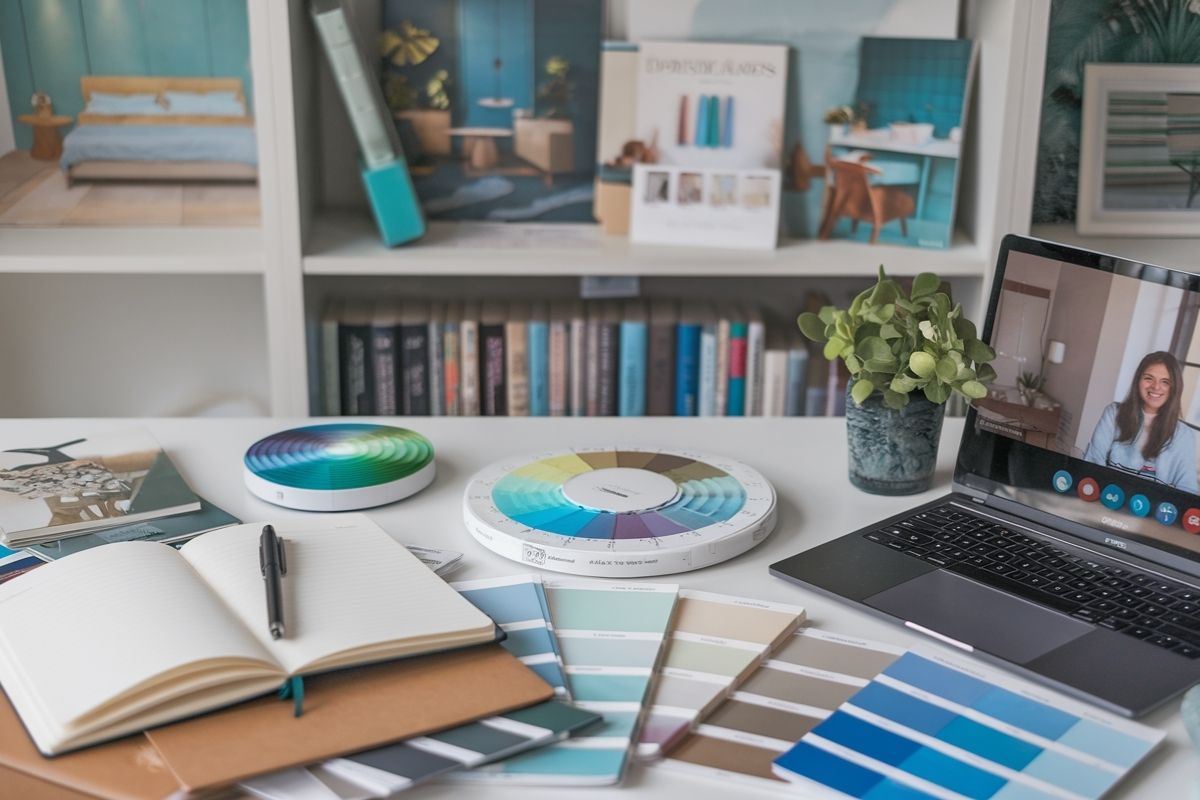 Interior design workspace with blue and green color swatches used for planning sleep-friendly bedroom color schemes
