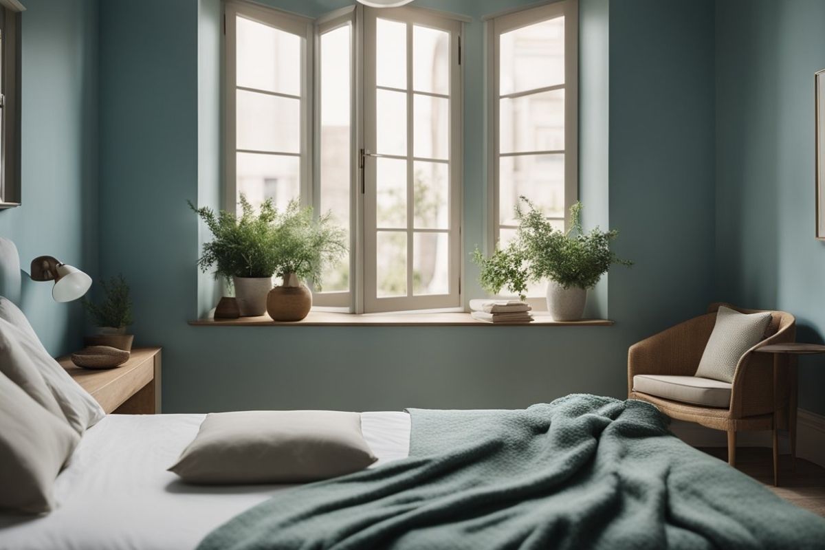 Soft green and blue bedroom colors with natural light creating a calming sleep-friendly bedroom atmosphere