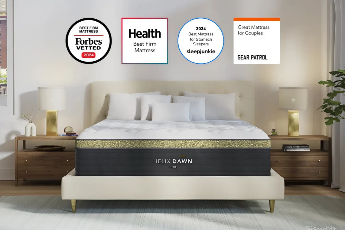Helix Dawn Luxe mattress with awards highlighting reviews and user feedback on firmness and performance