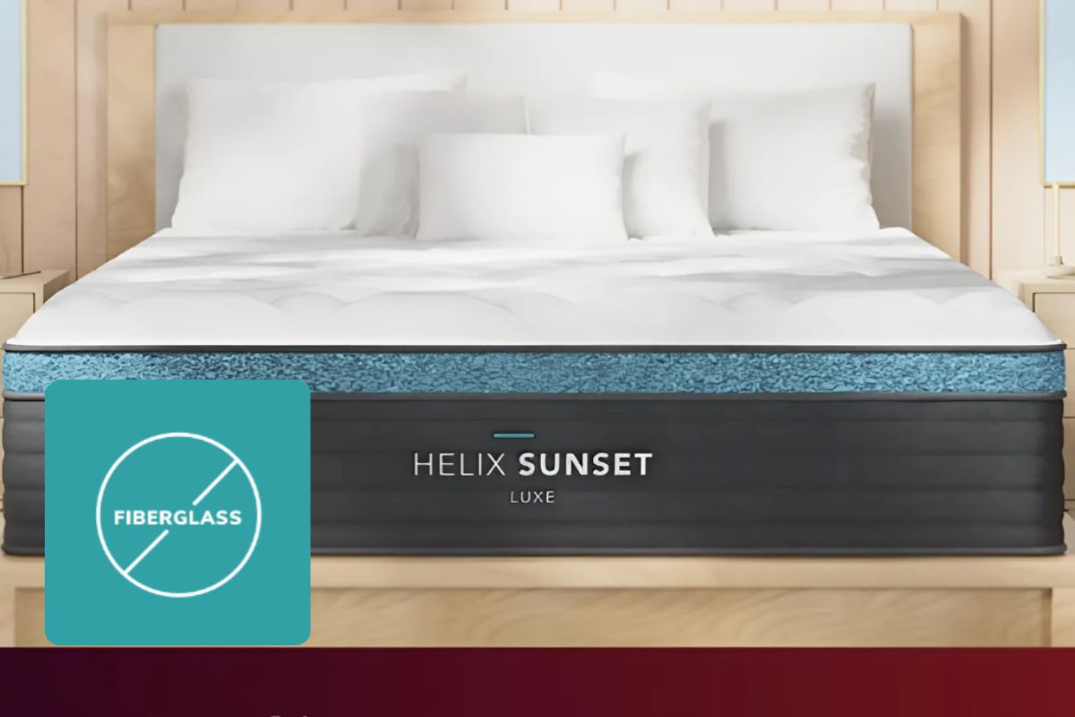 Helix Sunset Luxe mattress highlighting its fiberglass-free construction for safer sleep materials