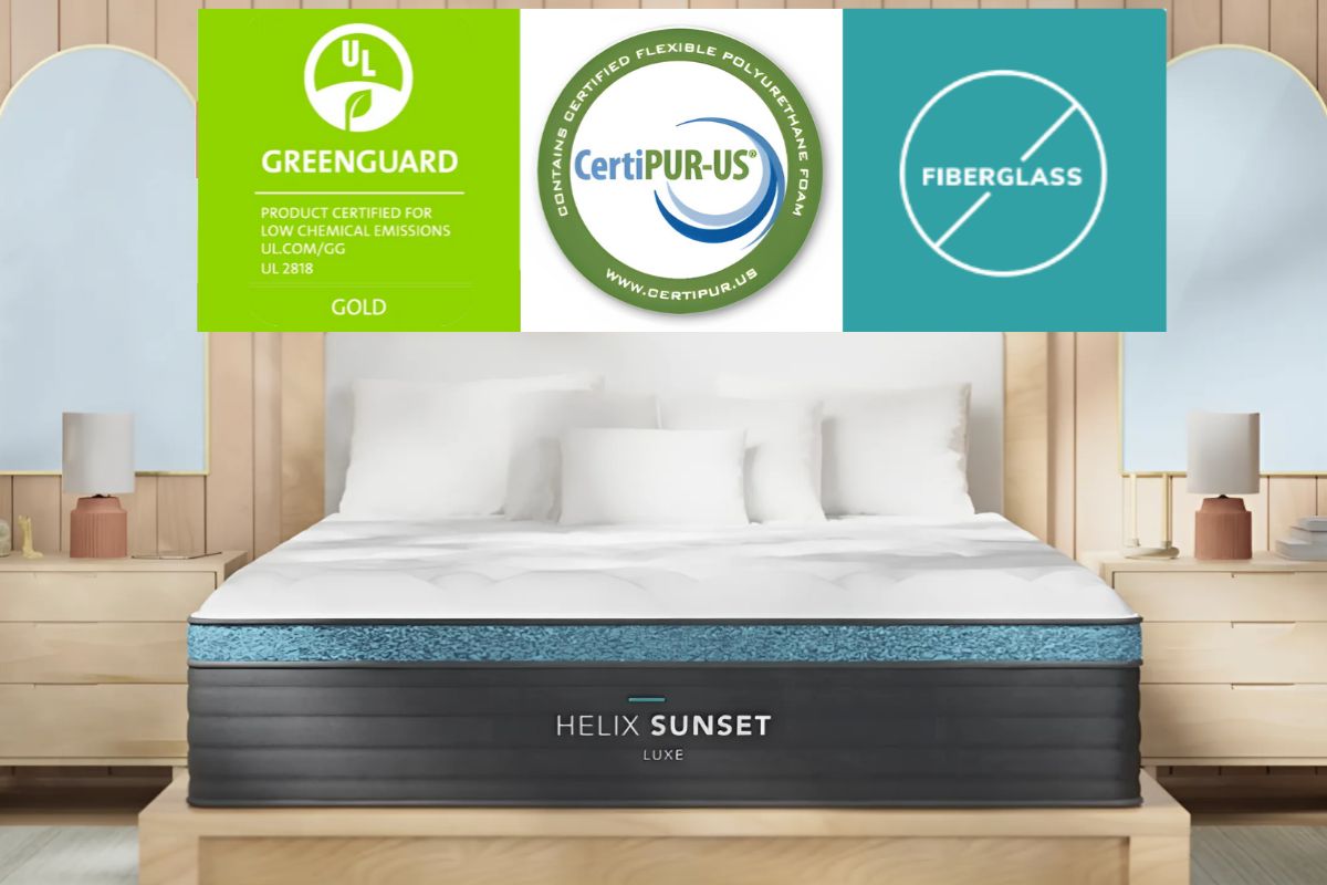 Helix Sunset Luxe mattress displaying CertiPUR-US, GREENGUARD Gold, and fiberglass-free safety certifications