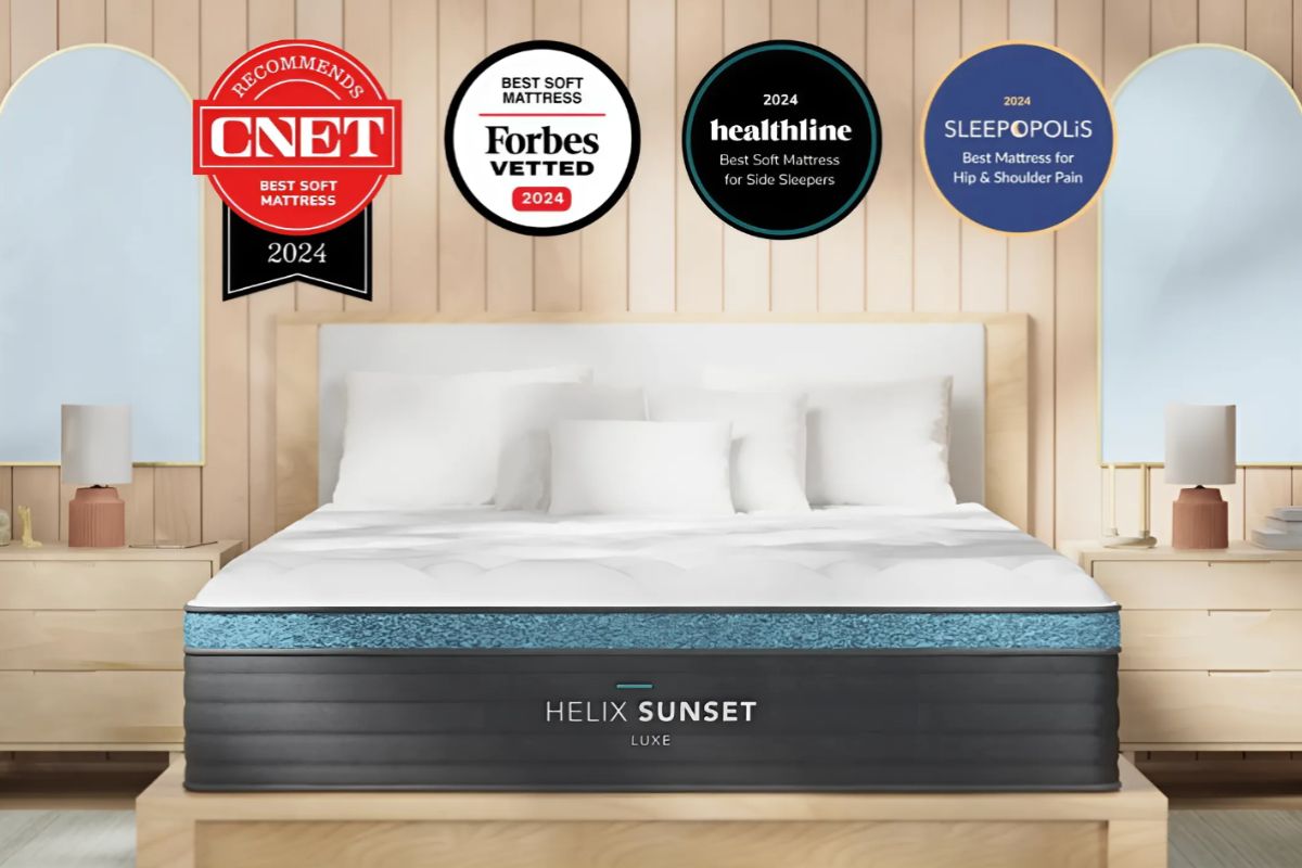 Helix Sunset Luxe mattress displayed with industry awards and recognition highlighting its popularity among soft mattress shoppers