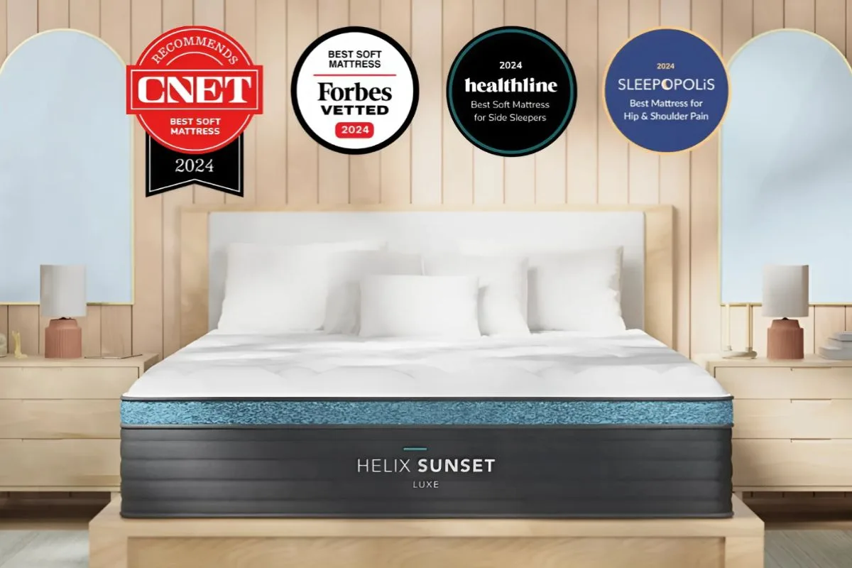 Helix Sunset Luxe mattress displayed with industry awards and recognition highlighting its popularity among soft mattress shoppers
