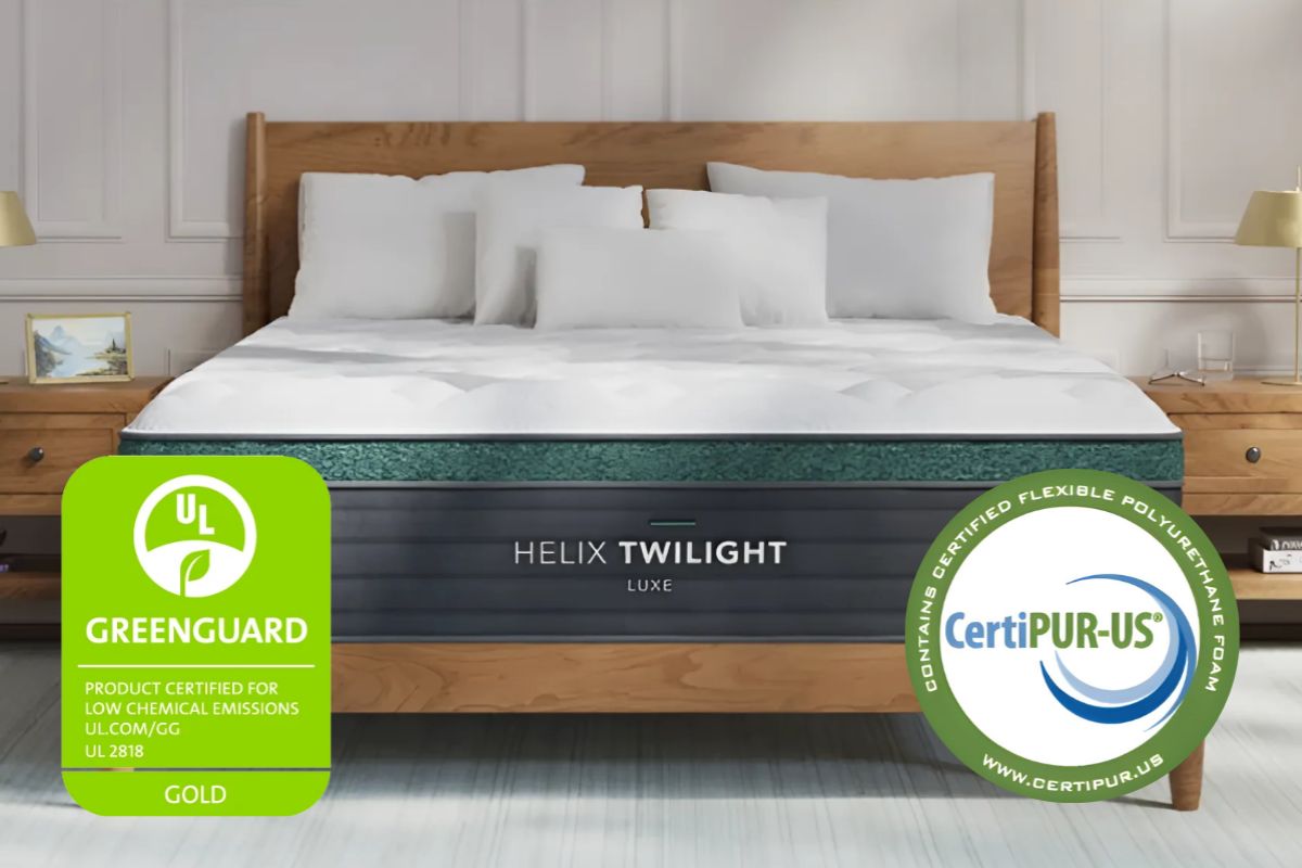 Helix Twilight Luxe mattress with GREENGUARD and CertiPUR-US certifications highlighting safety and low emissions