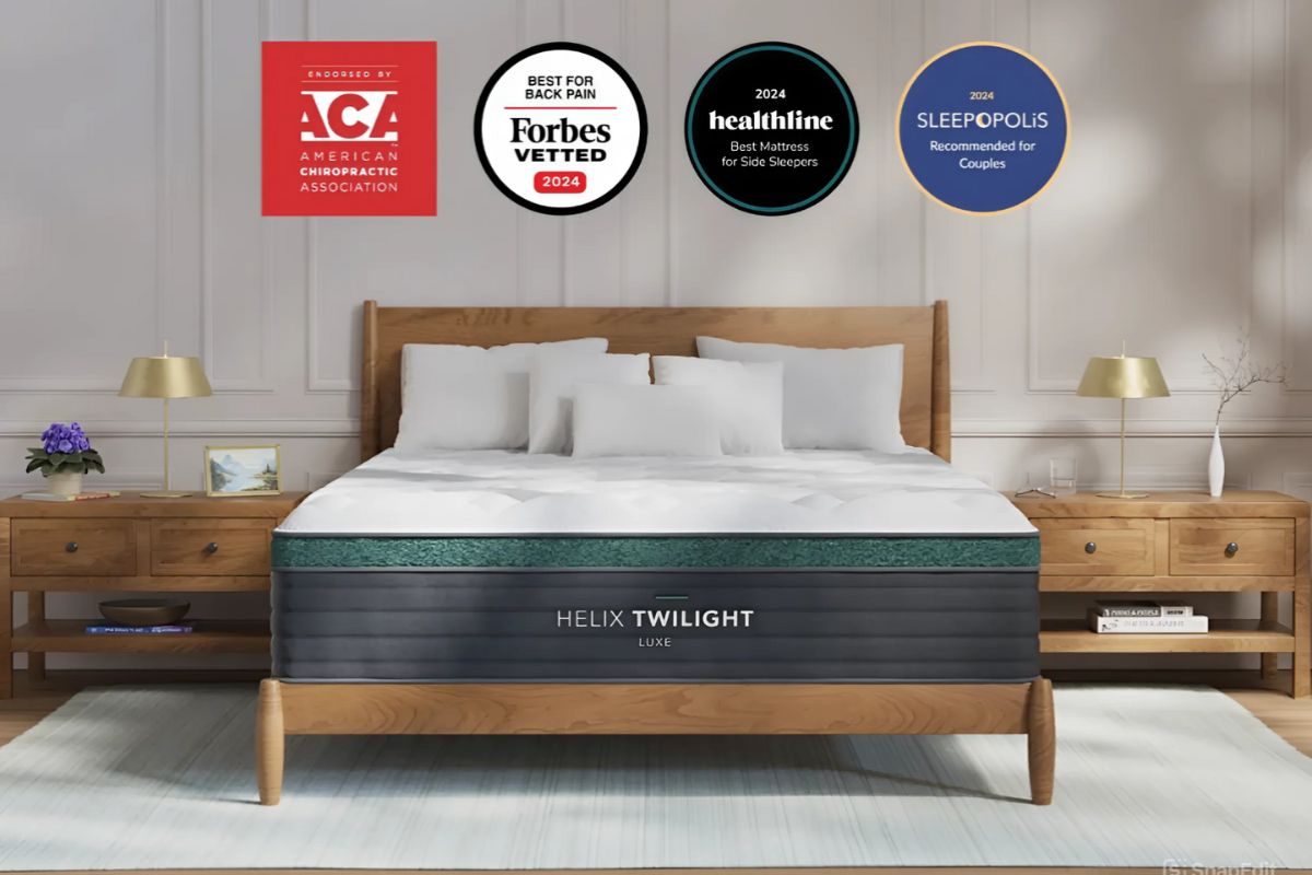 Helix Twilight Luxe mattress on bed with awards highlighting reviews and customer satisfaction