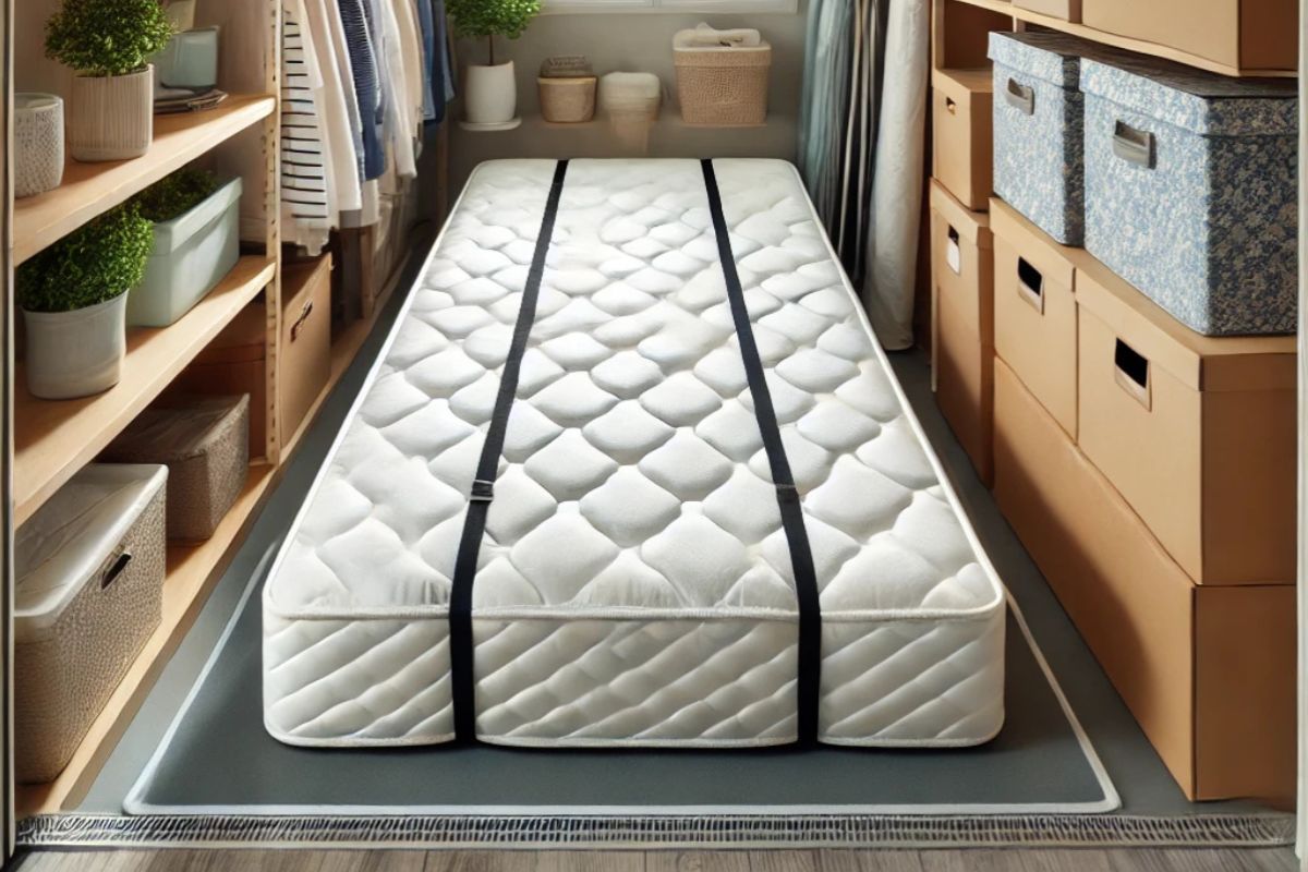 How to Store a Twin Mattress? Twin mattress secured with straps in storage space for safe long-term storage