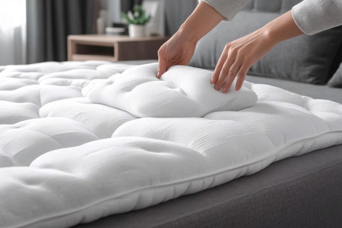 Medium Firm vs Firm Mattress: Which Is Better? Hands pressing into a mattress topper to show the softer contouring feel of a medium firm mattress
