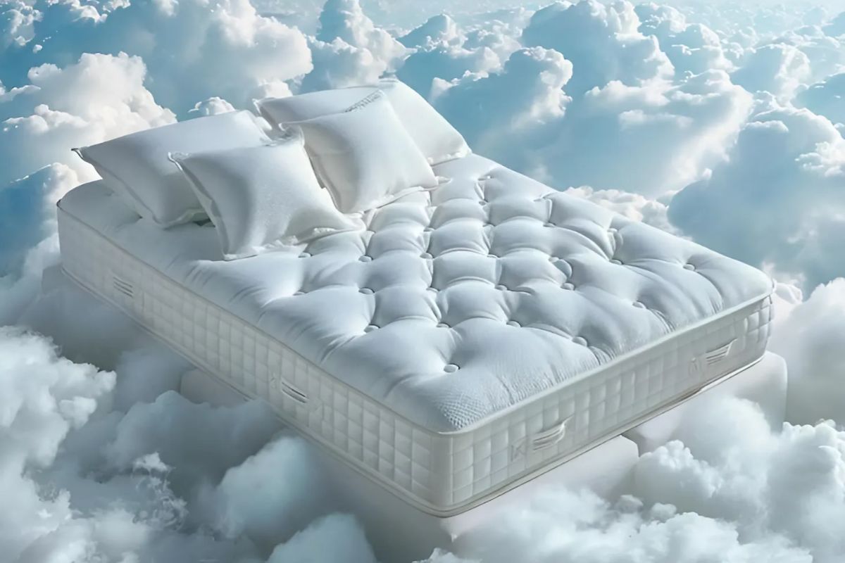Ultra plush mattress floating on clouds illustrating the deep sink-in softness and cloud-like comfort feel