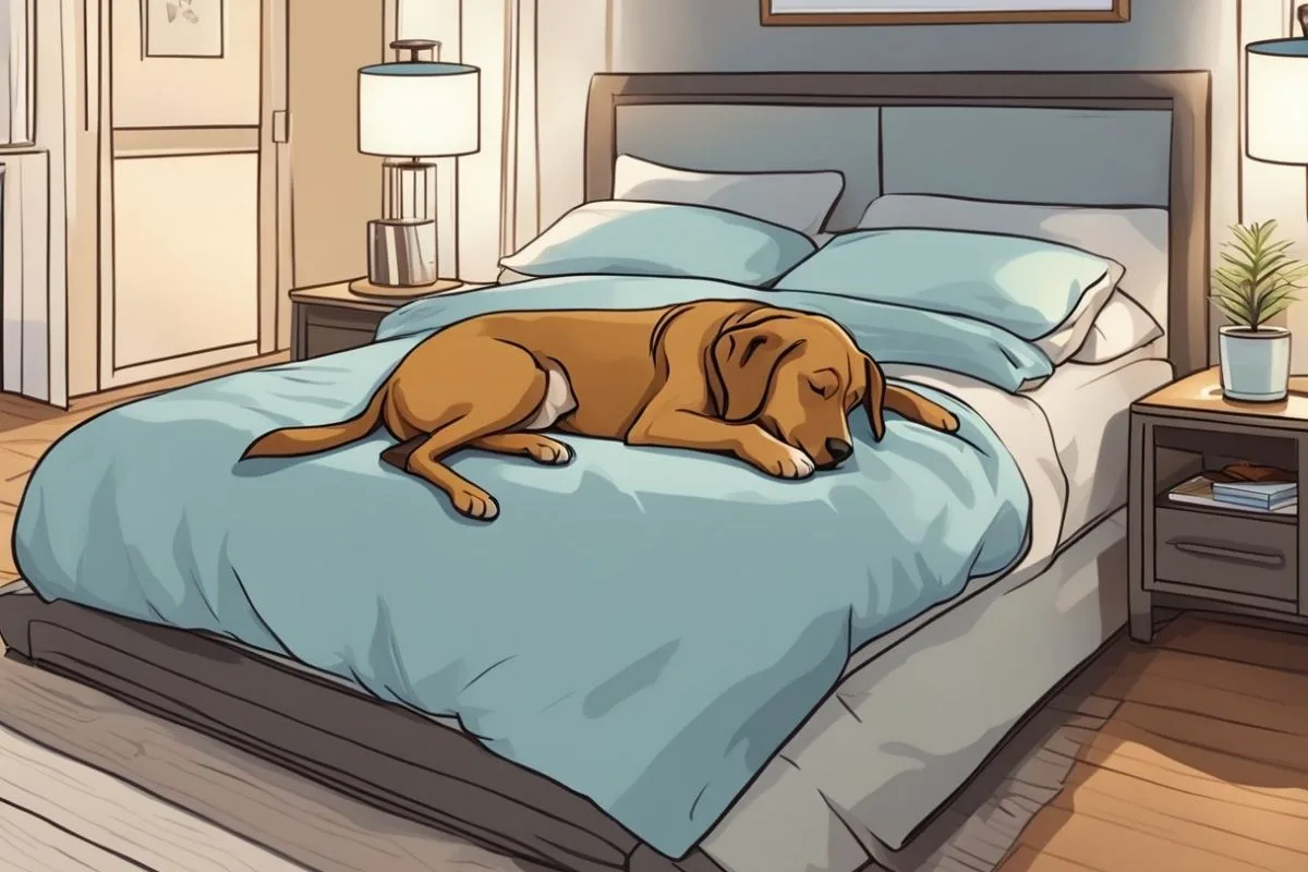 Reasons Why Dogs Should or Shouldn’t Sleep in Your Bed Sleeping dog stretched across a bed showing how dogs in bed may affect personal sleep space and sleep quality