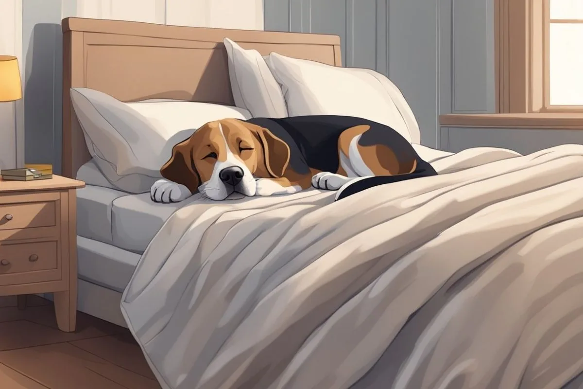 Reasons Why Dogs Should or Shouldn’t Sleep in Your Bed Relaxed dog lying on white bedding representing the comfort and emotional benefits of co-sleeping with pets