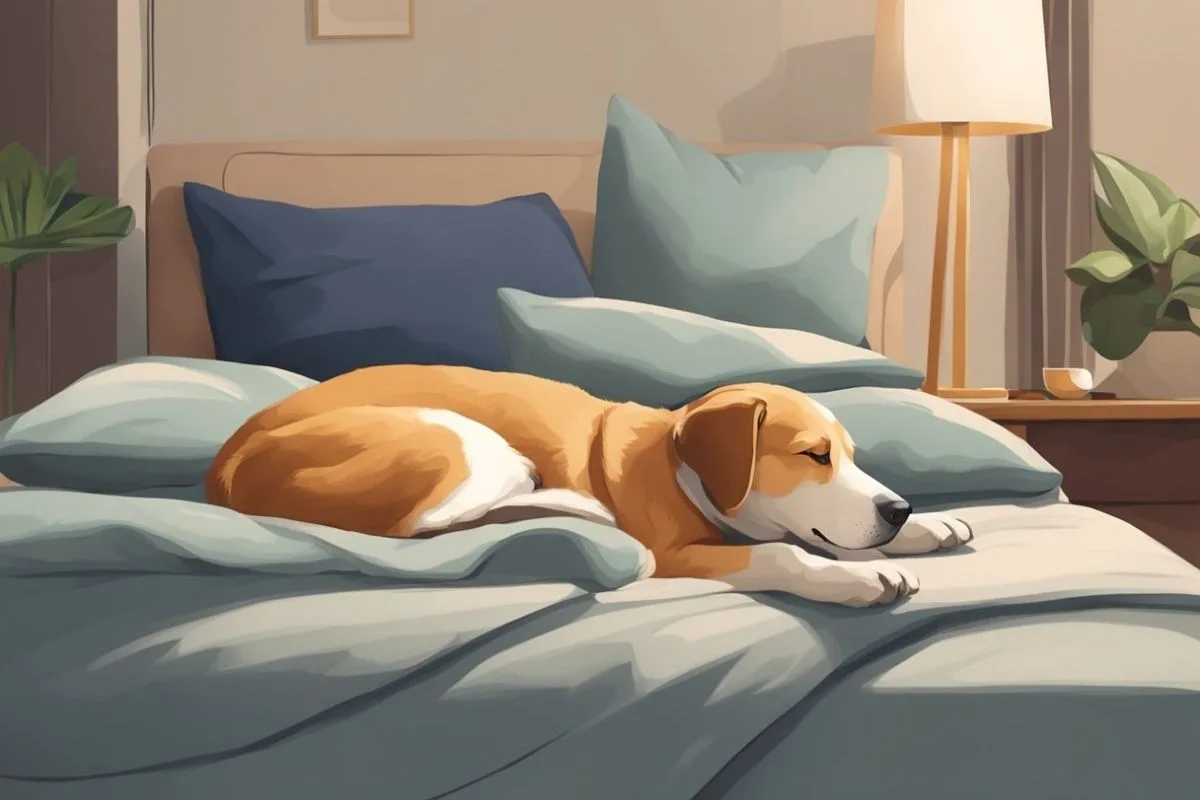 Reasons Why Dogs Should or Shouldn’t Sleep in Your Bed Small dog sleeping peacefully on a bed demonstrating how pets can create a calming bedtime routine for owners