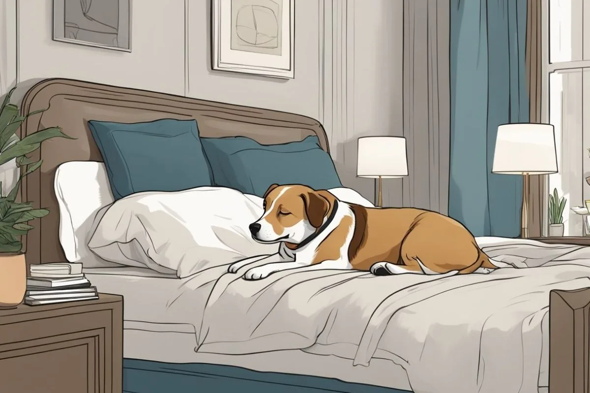 Reasons Why Dogs Should or Shouldn’t Sleep in Your Bed Dog resting near pillows on a shared bed highlighting considerations about hygiene and sleep disruptions when dogs sleep in bed