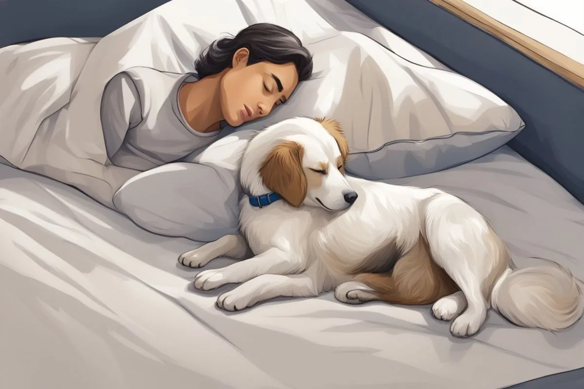 Reasons Why Dogs Should or Shouldn’t Sleep in Your Bed Person and dog sleeping together in bed showing the emotional connection and companionship benefits of co-sleeping with pets