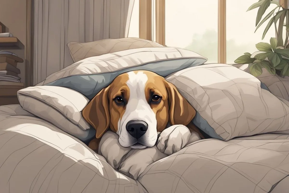 Reasons Why Dogs Should or Shouldn’t Sleep in Your Bed Dog tucked under blankets in bed illustrating common habits of dogs sleeping in human beds and their impact on sleep comfort