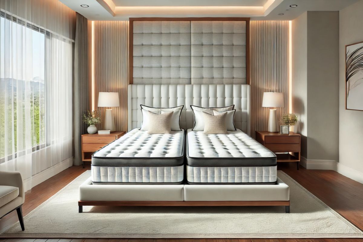 Twin XL beds combined on one frame to create a split king mattress arrangement