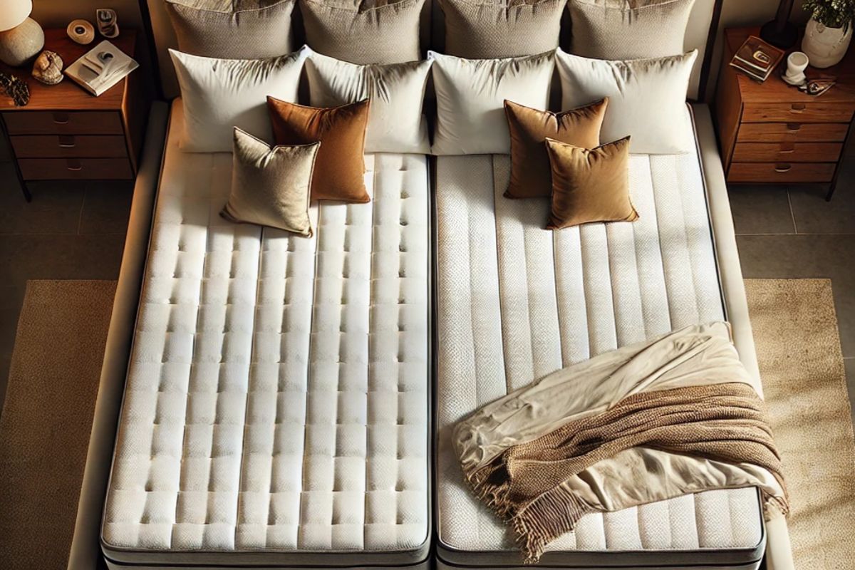 Two twin XL mattresses placed side by side forming a king size bed setup