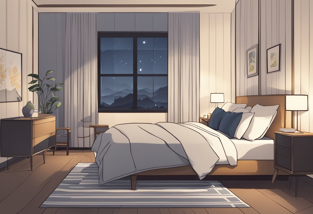 A nighttime bedroom scene demonstrating proper sleep hygiene techniques for better sleep quality.