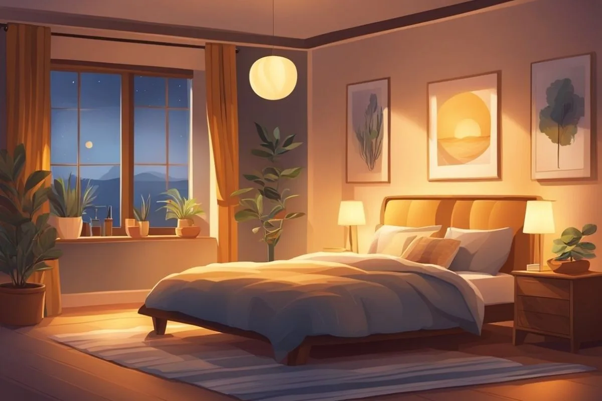 Best Lights for Sleep: What Color Light Helps You Sleep? Soft amber lighting in a cozy bedroom illustrating how warm light colors can help improve sleep quality before bed