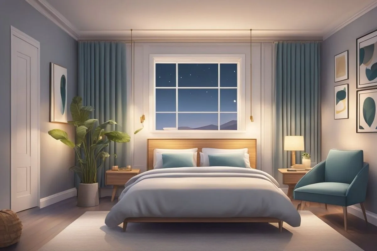 Best Lights for Sleep: What Color Light Helps You Sleep? Bedroom with dim warm lighting and minimal blue light designed to promote healthy sleep habits and restful sleep
