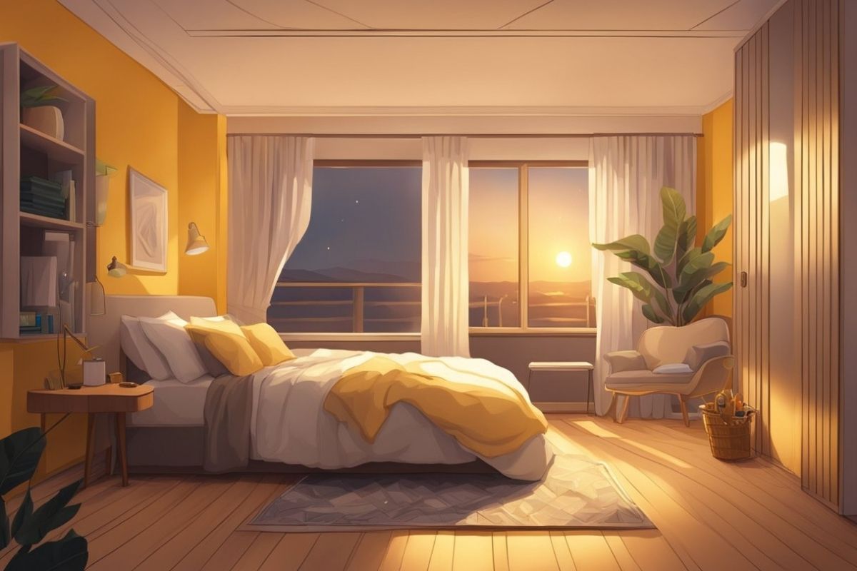 Warm yellow bedroom lighting at sunset creating a relaxing environment that supports better sleep and nighttime comfort