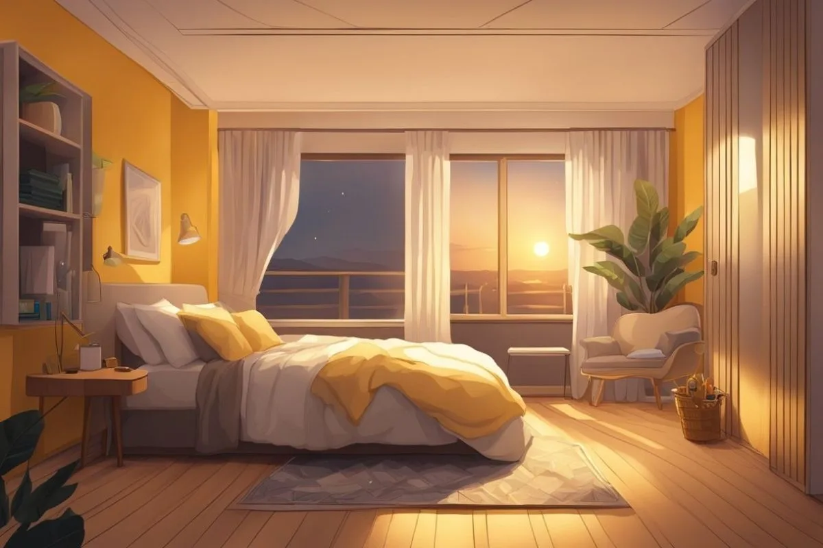 Best Lights for Sleep: What Color Light Helps You Sleep? Warm yellow bedroom lighting at sunset creating a relaxing environment that supports better sleep and nighttime comfort