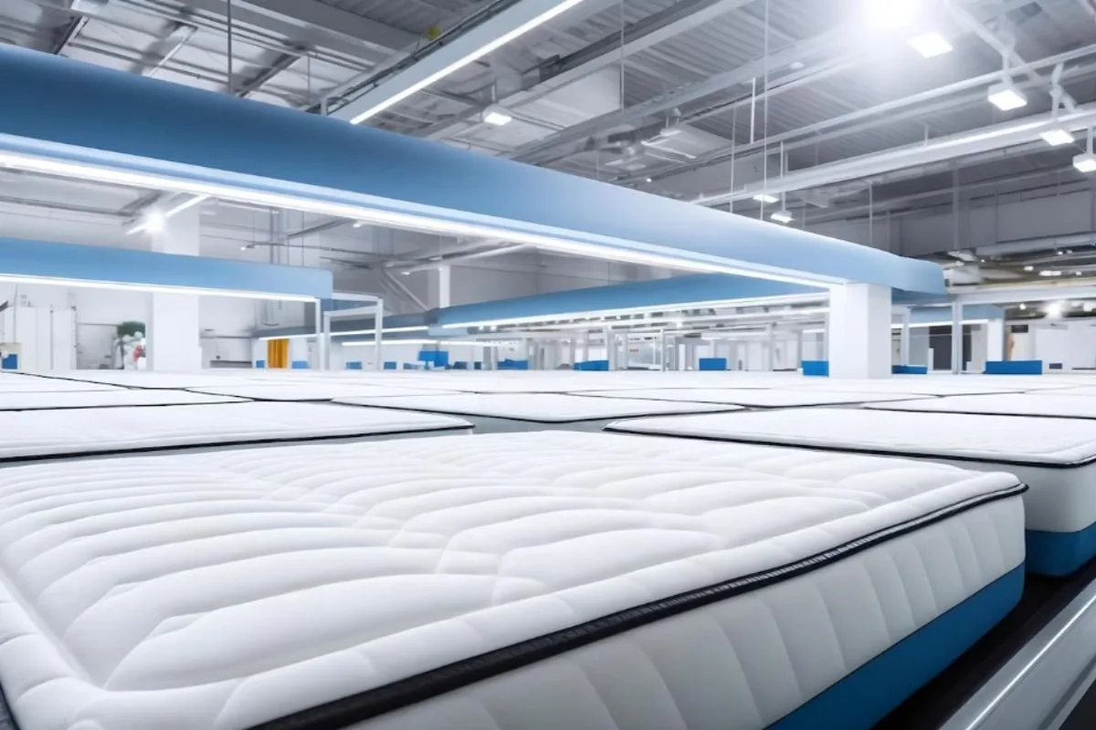 Large mattress showroom displaying multiple firm mattress models available for sale
