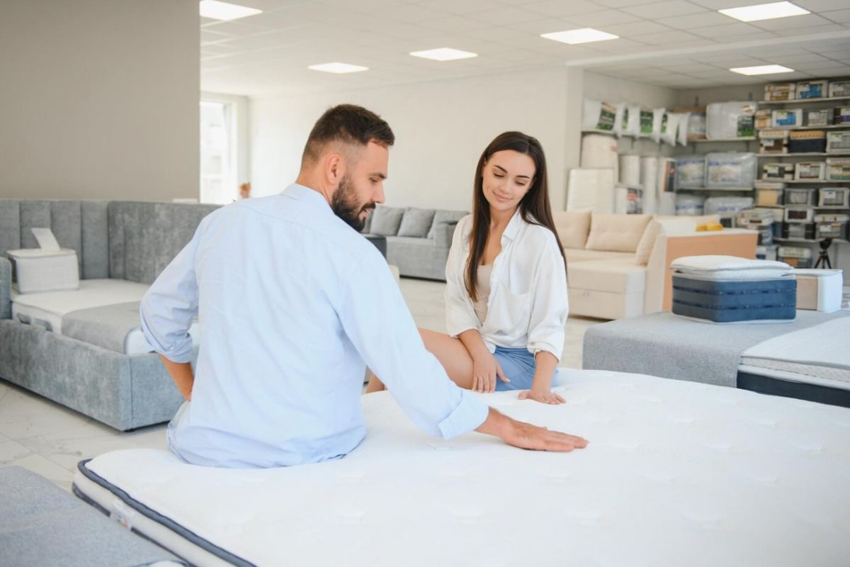 Couple testing a firm mattress in a mattress store before making a purchase decision