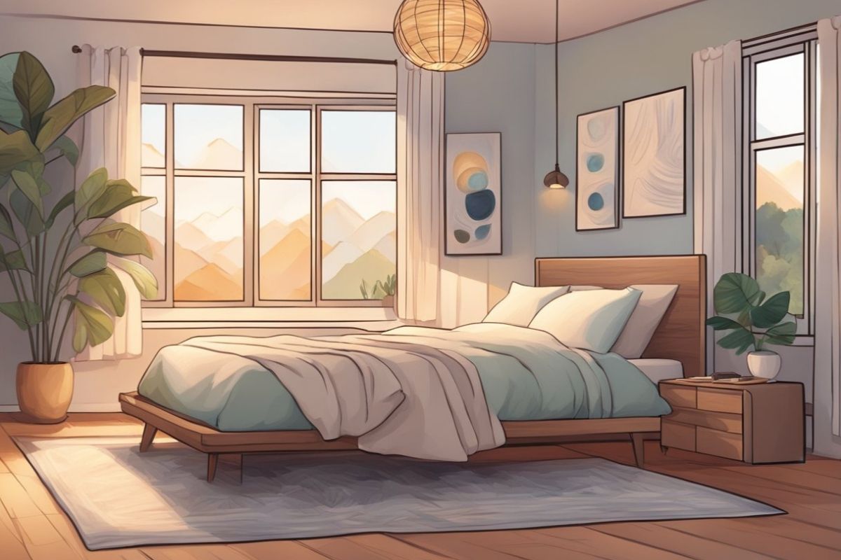 Bright and peaceful bedroom setup representing a calm environment for better sleep with white or brown noise