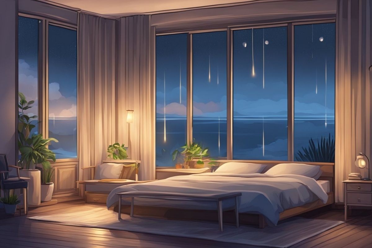 Cozy nighttime bedroom scene with soft lighting and quiet atmosphere showing ideal conditions for sleep sounds