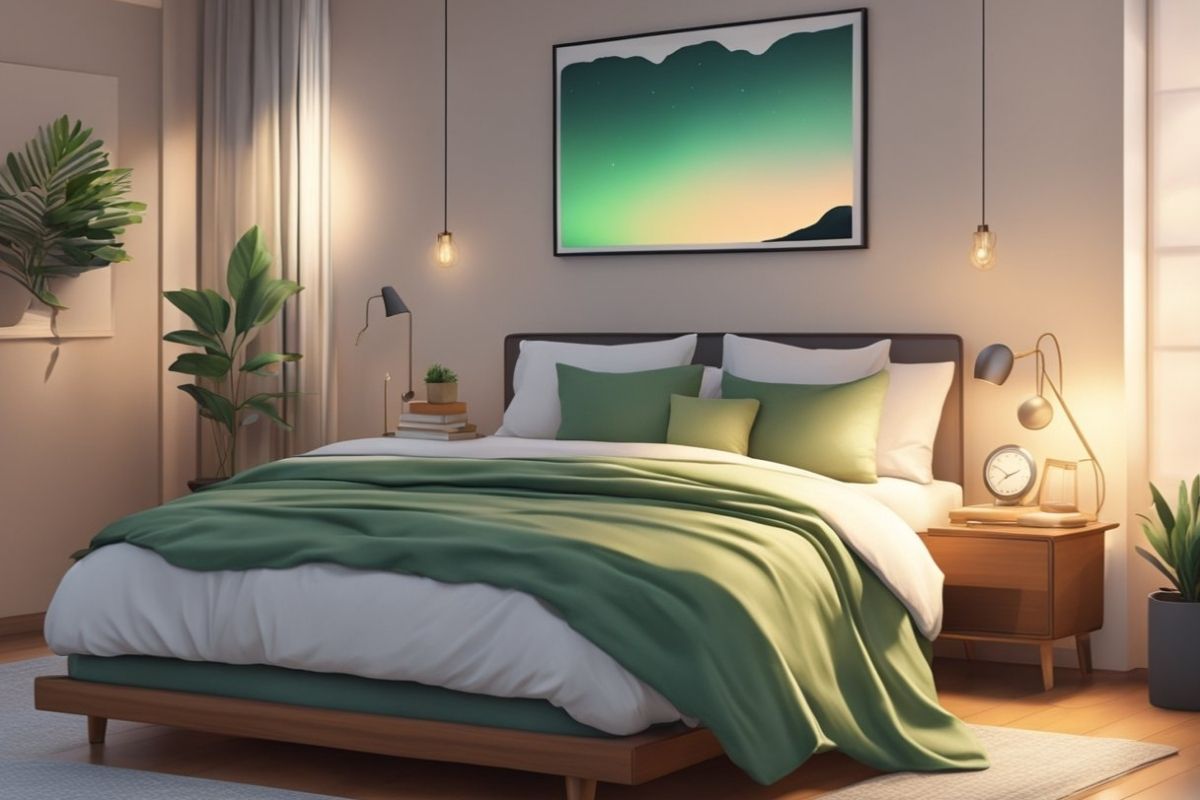 Green-toned calming bedroom interior representing the relaxing effect of brown noise for deeper sleep