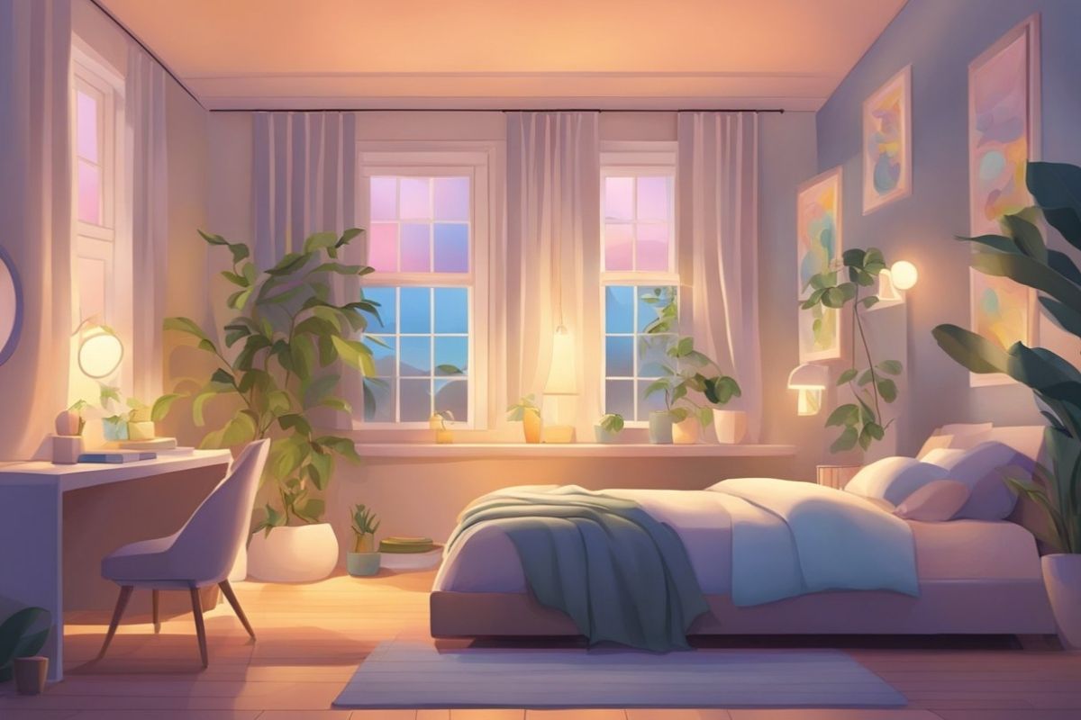 Peaceful bedroom with warm evening lighting showing a relaxing atmosphere enhanced by sleep sounds